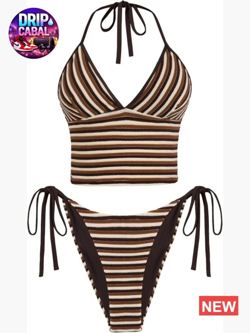 Halter V-Neck Tankini Set with Terry Fabric High Cut Tie Side Thong